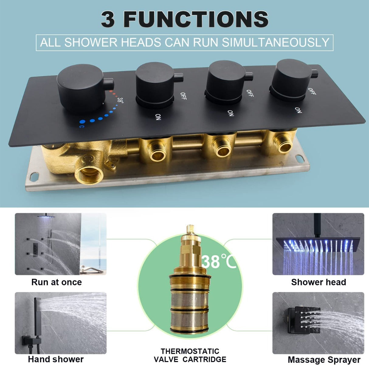 Juno Commercials Brushed Wall Mount 16 inch LED Commercial Shower System with 3 Mixer Handle
