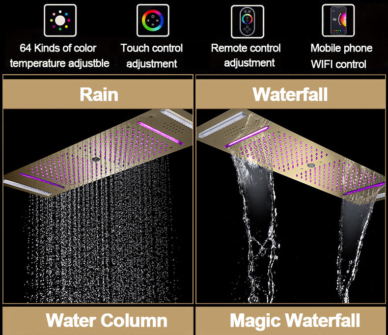 Juno Commercials 36X12 Inch Ceiling Mount Brushed Gold Thermostactic Remote Control Shower System