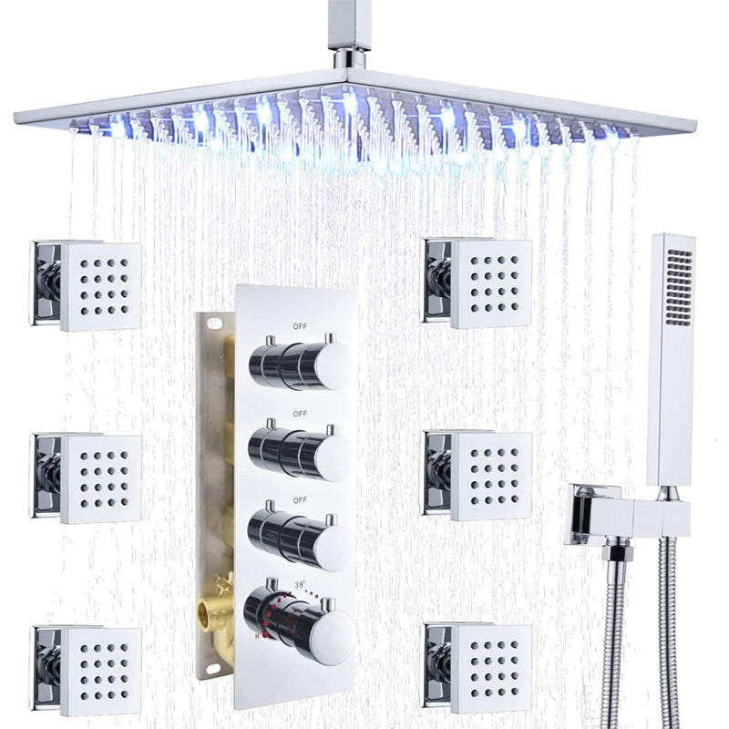 Juno Commercials Brushed Wall Mount 16 inch LED Commercial Shower System with 3 Mixer Handle
