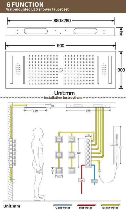 Juno Commercials 36X12 Inch Ceiling Mount Brushed Gold Thermostactic Remote Control Shower System