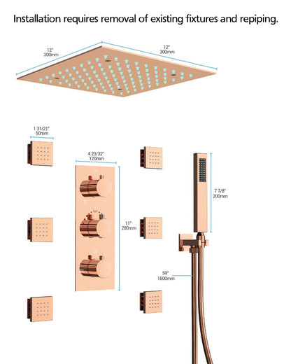 Juno Commercials Ceiling Mount 3 Handle LED Shower System with 6 Body Jets