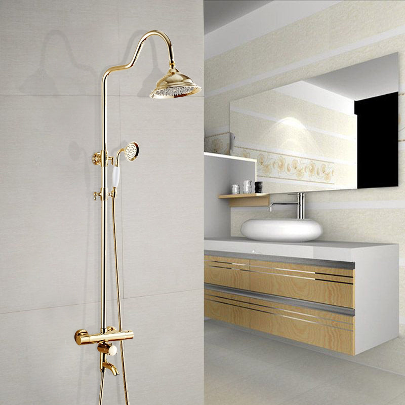 Juno Contemporary Thermostatic Gold Bathroom Faucet Shower with Hand-Held Shower