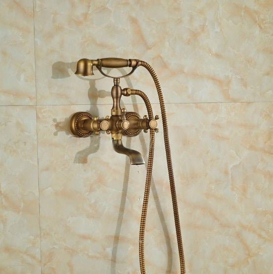 Juno Deck Mount Antique Brass Body Claw Foot Bathtub faucet with Hand Held Shower Head