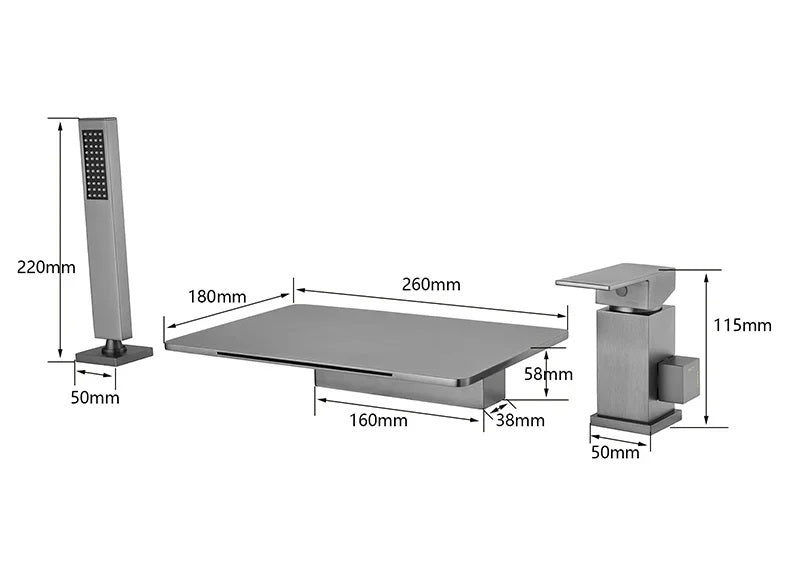 Juno Deck Mount Waterfall Bathtub Shower Faucet With Handheld Shower