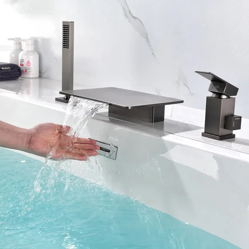 Juno Deck Mount Waterfall Bathtub Shower Faucet With Handheld Shower