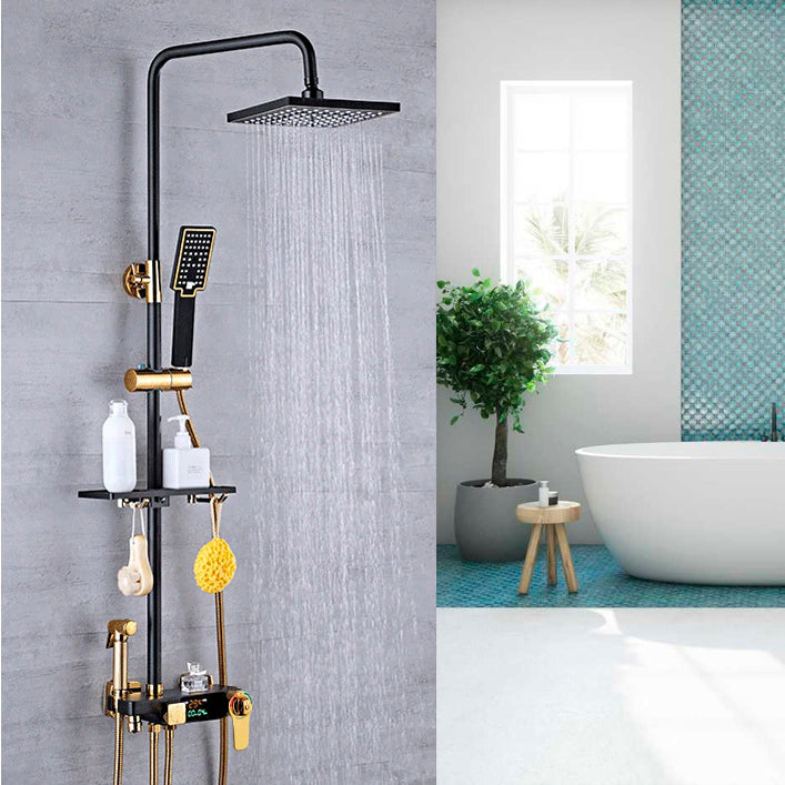 Juno Featured Black & Gold Rain Shower System Thermostatic LED Digital Display Mixer With Tub Spout & Handheld Shower
