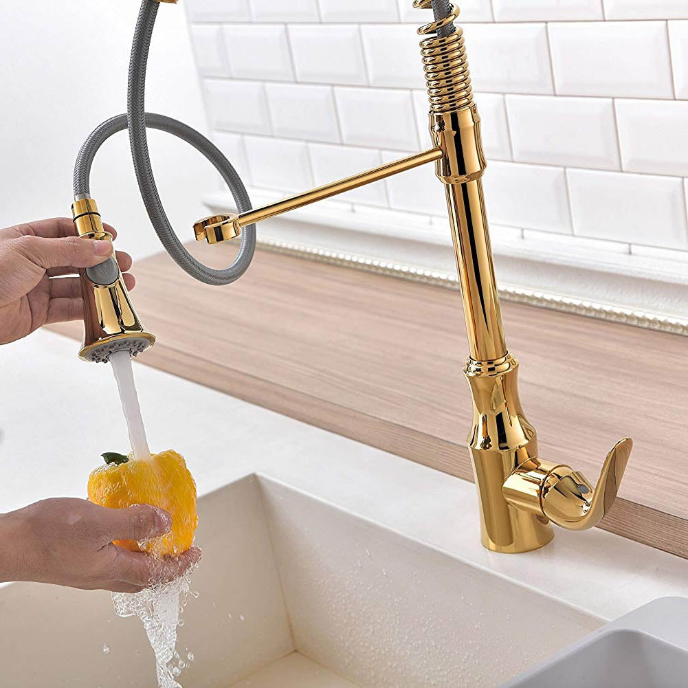 Juno Gold Deck Mounted Pull Out Kitchen Faucet