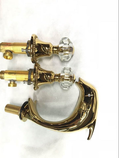 Juno Gold Dolphin Dual Crystal Handle Deck Mount Bathroom Faucet