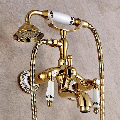 Juno Claw Foot Dual Handle Gold Finish Bathtub Mixer Faucet with Hand Shower
