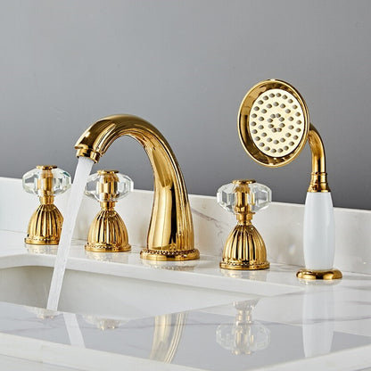 Juno New 5 Pcs Gold Finish Tub Faucet Deck Mount Tub Filler with Gold Finish Handheld Shower