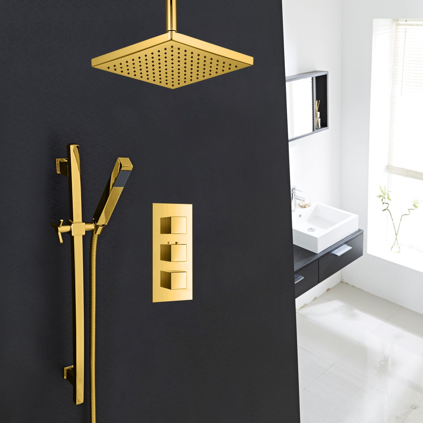 Juno Gold Plated Ceiling Mount Square Shower Head Set