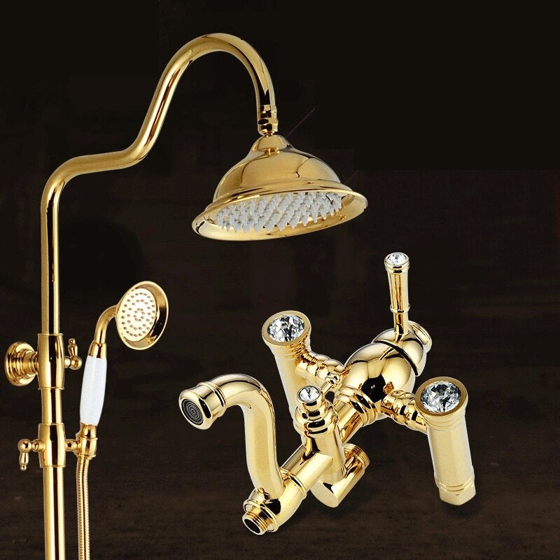 Juno Gold Polished Large Bathroom Shower with Hand-Held Shower