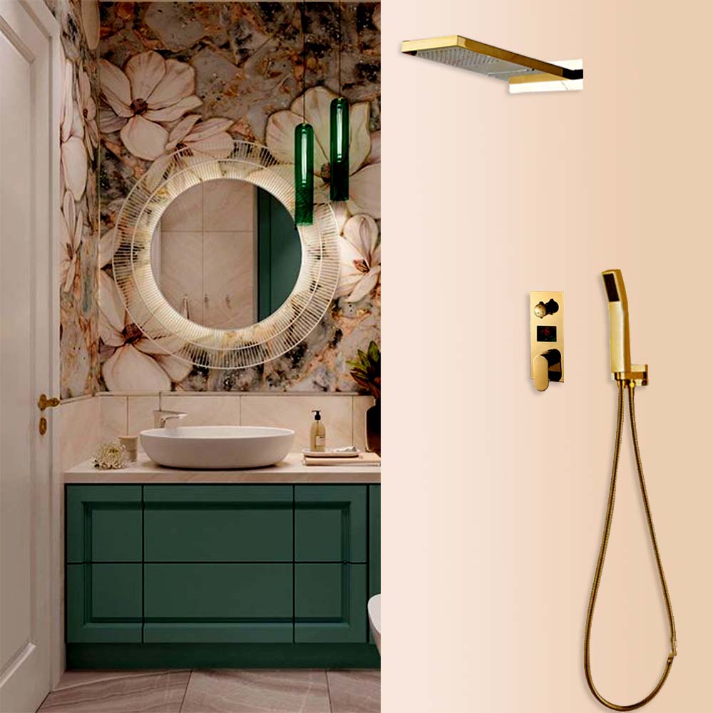 Natural Rainy Waterfall LED Widespread Shower Head with Hand-Held Shower