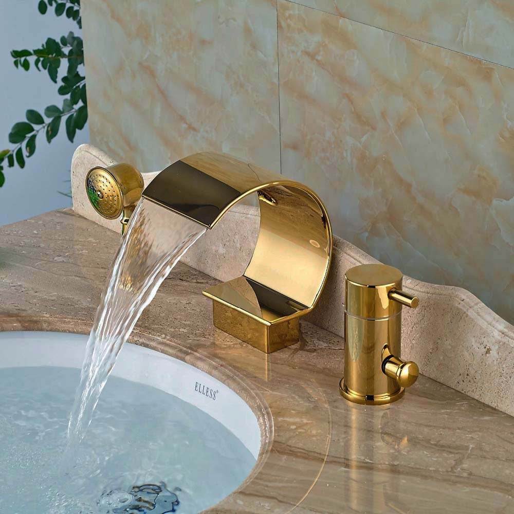 Juno Gold Single Handle 3 Pieces Widespread Waterfall Bathroom Faucet