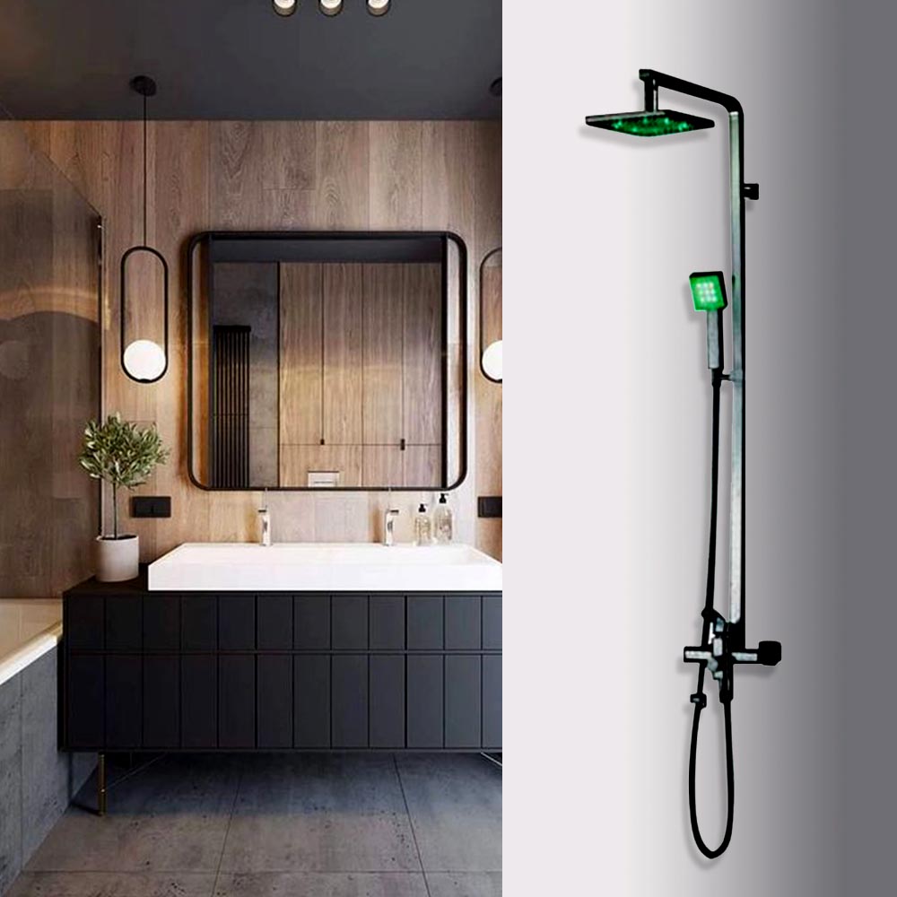 LED Shower head set - shower head set with square handheld shower and shower faucet