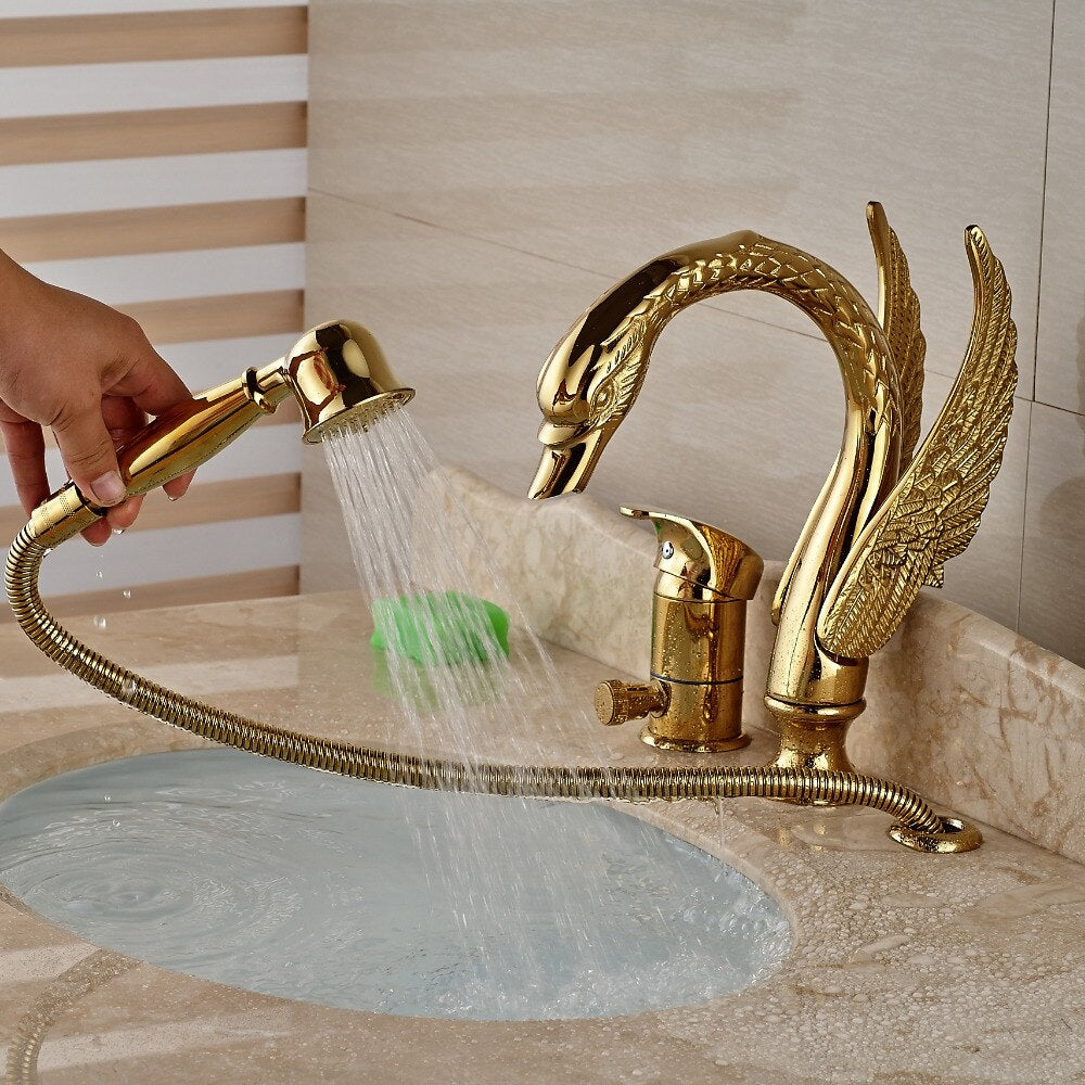 Juno Long Neck Gold Swan Bathtub Faucet with Hand Shower