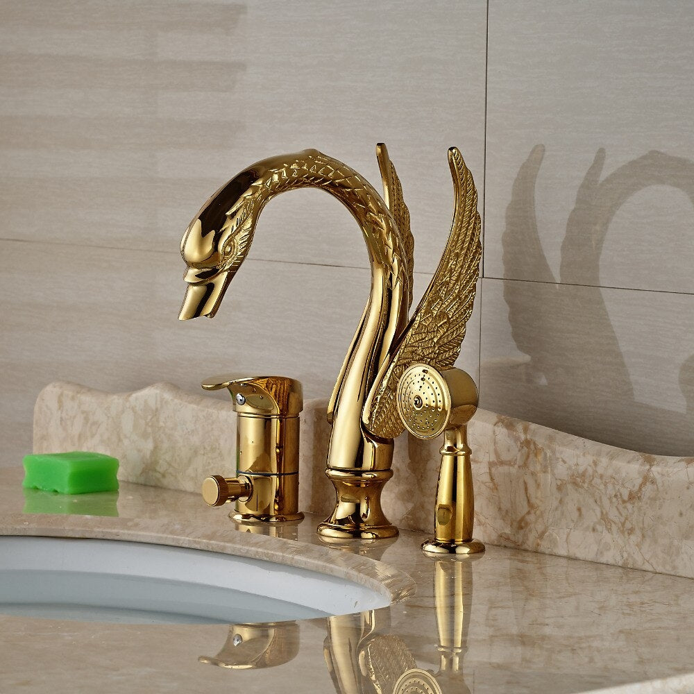 Juno Long Neck Gold Swan Bathtub Faucet with Hand Shower