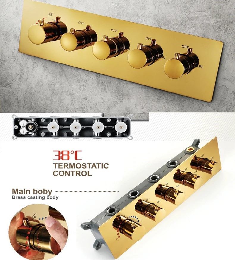 Juno Super Luxury 5 Function Gold Shower System 5 & 3 Knobs With 6 Body Massage Shower Jets Handheld Shower