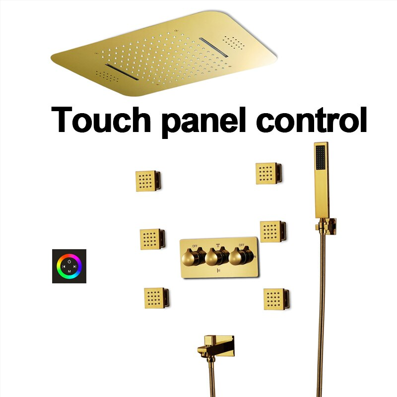 Juno Super Luxury 5 Function Gold Shower System 5 & 3 Knobs With 6 Body Massage Shower Jets Handheld Shower