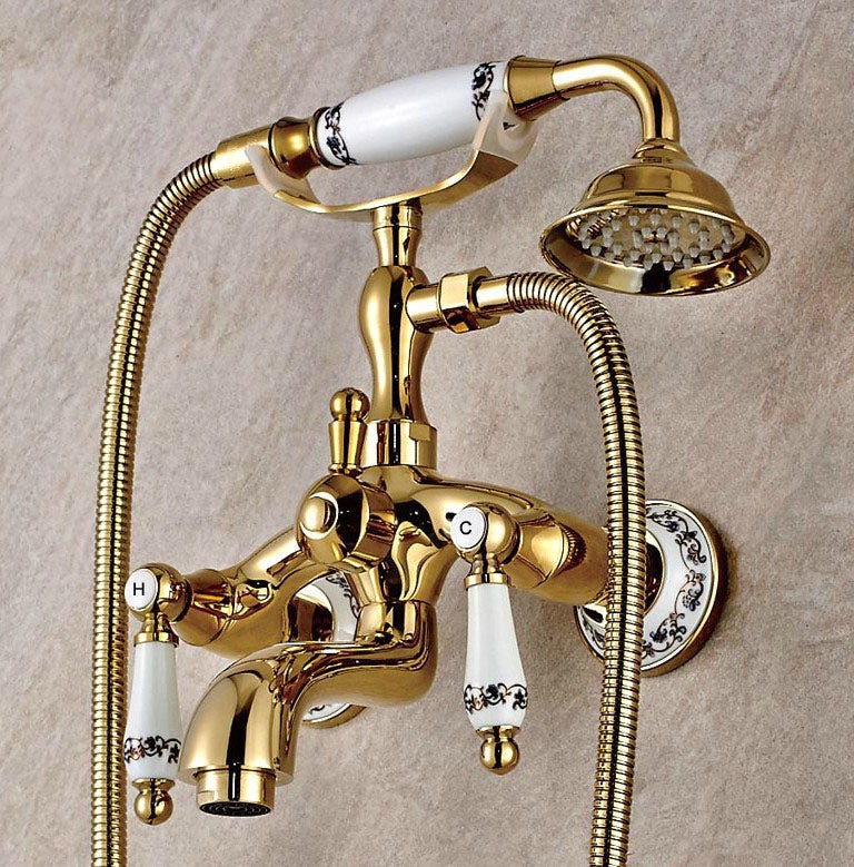 Juno Luxury Gold Finish ClawFoot Wall Mount Bathtub Faucet with Hand Held Shower Head