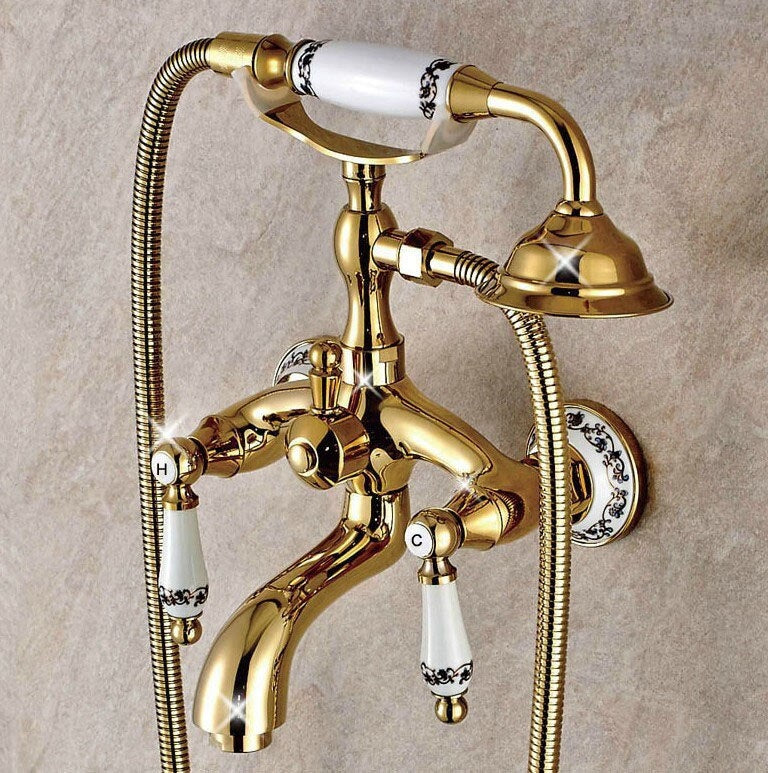 Juno Luxury Gold Finish ClawFoot Wall Mount Bathtub Faucet with Hand Held Shower Head