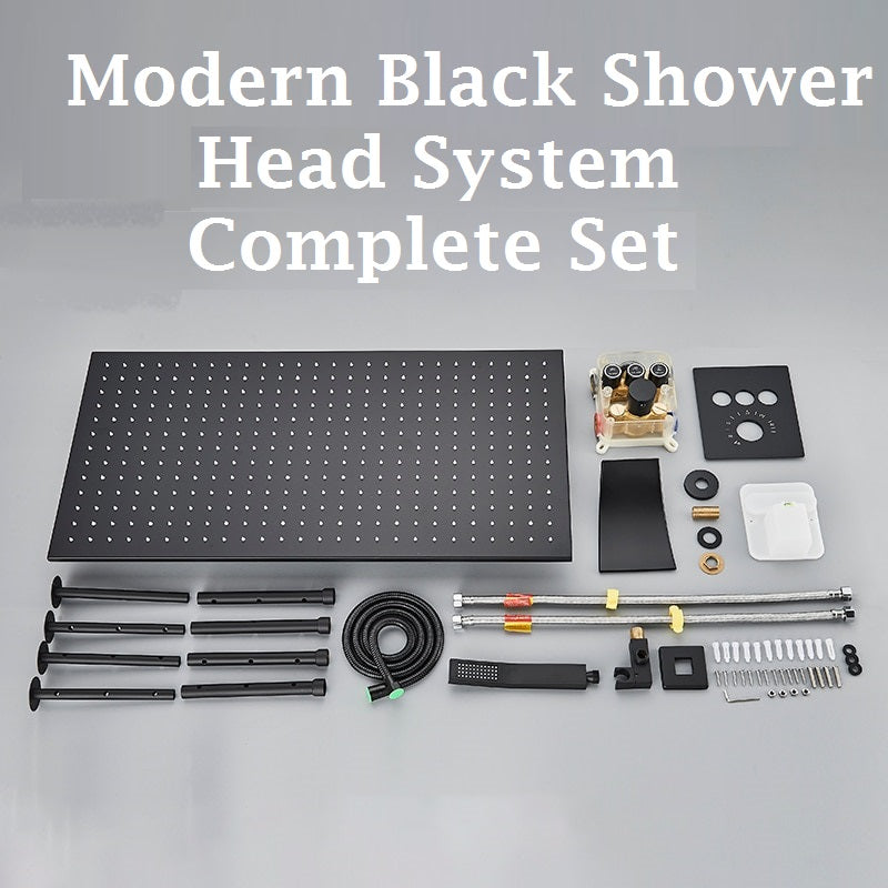 Juno Modern Black Shower Head Thermostatic Black Rain Shower Head Set Bathroom Large Black Rainfall Shower System