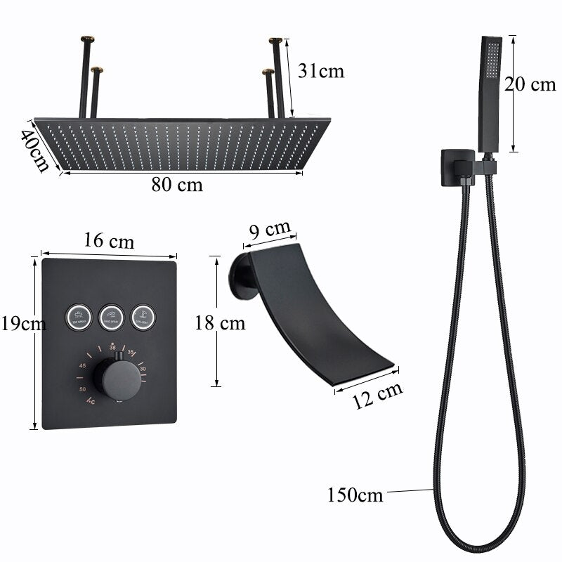 Juno Modern Black Shower Head Thermostatic Black Rain Shower Head Set Bathroom Large Black Rainfall Shower System
