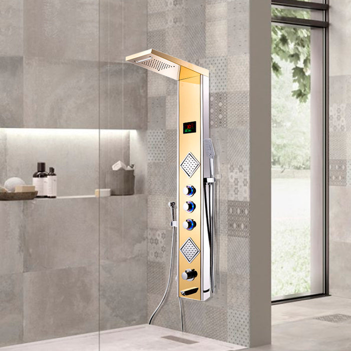 Juno Multi Function Gold Wall Mount Bathroom LED Shower Faucet Panel With Thermostatic Massage Jets