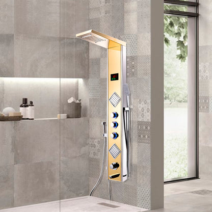 Juno Multi Function Gold Wall Mount Bathroom LED Shower Faucet Panel With Thermostatic Massage Jets