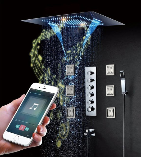 Juno Musical Rectangular Chrome Waterproof Ceiling Remote Control LED Shower Head