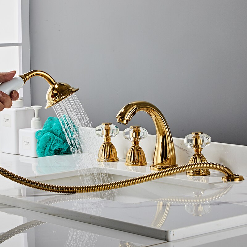 Juno New 5 Pcs Gold Finish Tub Faucet Deck Mount Tub Filler with Gold Finish Handheld Shower
