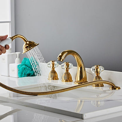 Juno New 5 Pcs Gold Finish Tub Faucet Deck Mount Tub Filler with Gold Finish Handheld Shower