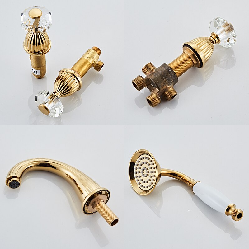 Juno New 5 Pcs Gold Finish Tub Faucet Deck Mount Tub Filler with Gold Finish Handheld Shower