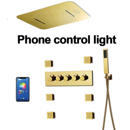 Juno Super Luxury 5 Function Gold Shower System 5 & 3 Knobs With 6 Body Massage Shower Jets Handheld Shower
