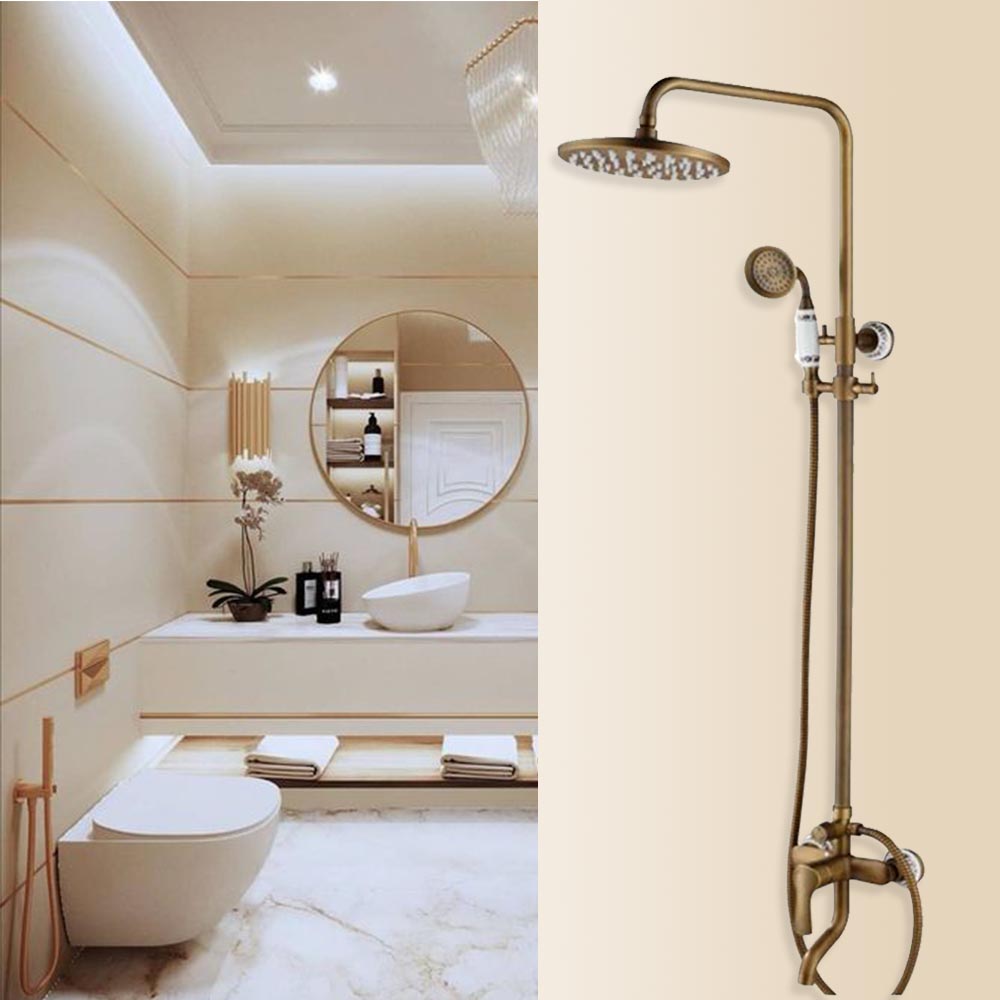 Polished Brass Shower Head Extension Arm With Hand Held Shower & Tub Spout