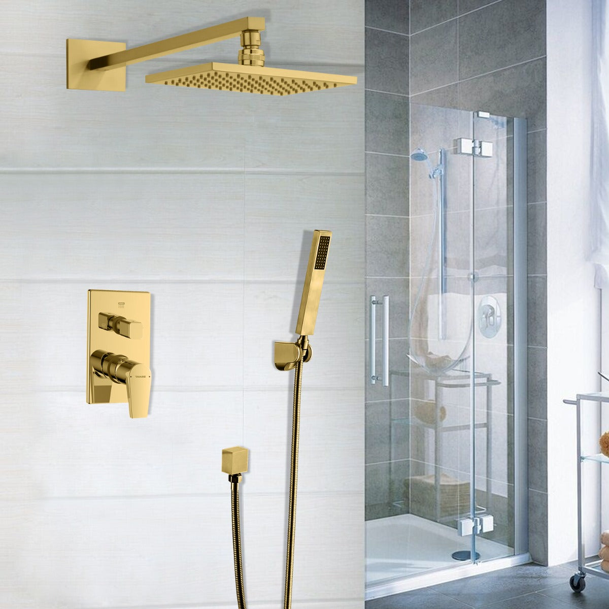 Juno Royal Wall Mount Gold Rain Shower Head with Hand Shower