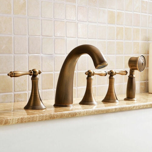 Juno Solid Brass Antique Design Bathroom Bath-Tub Deck Mount Faucet with Handheld Shower