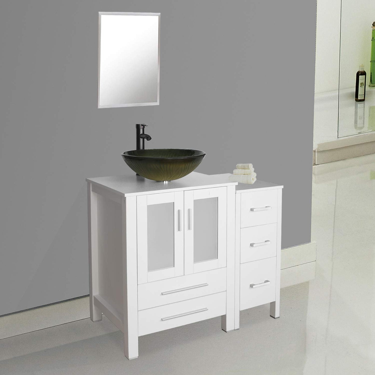 Juno White 36" Vanity with Yellow Vessel Sink