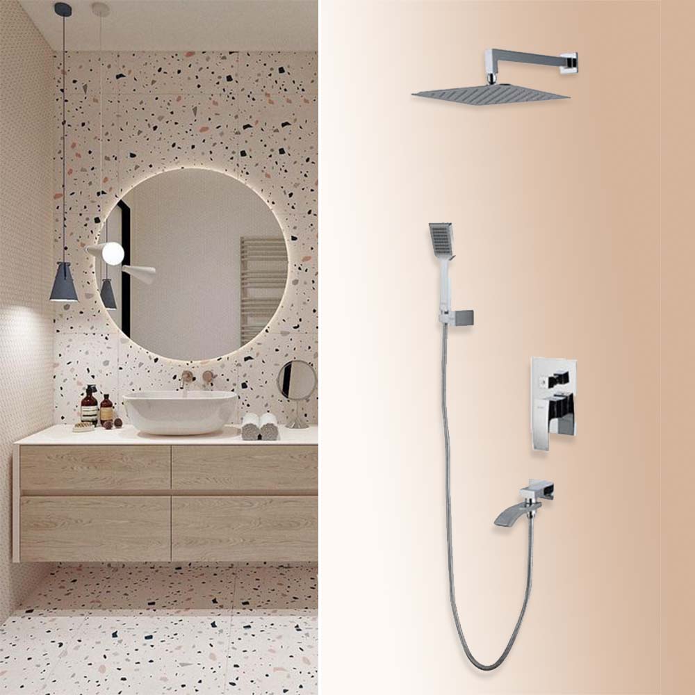 Chrome Wall Mounted Rain Waterfall with Bathroom Handheld Shower Head