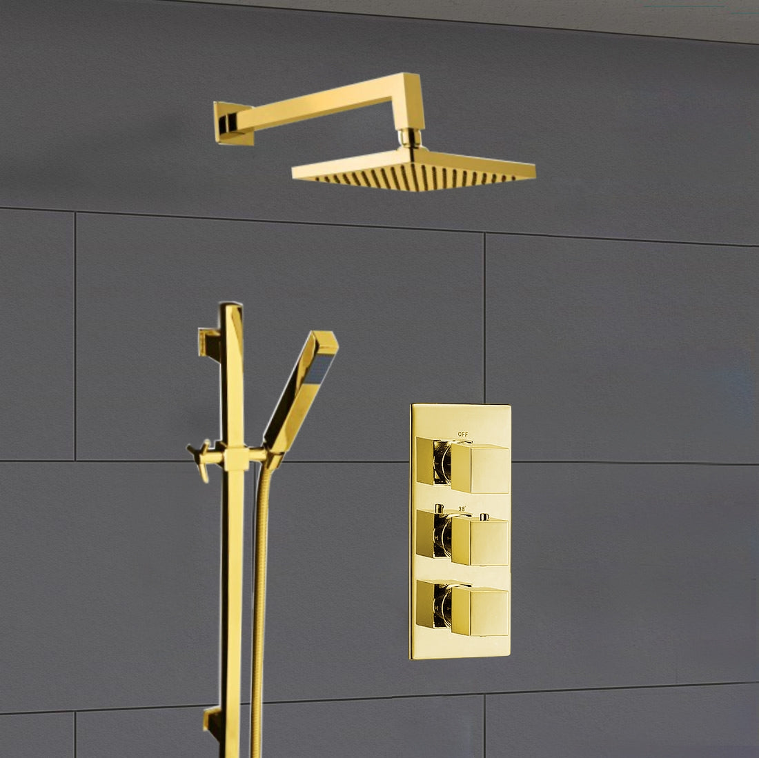 Juno Gold Plated Wall Mount Square Shower Head Set with Hand Shower