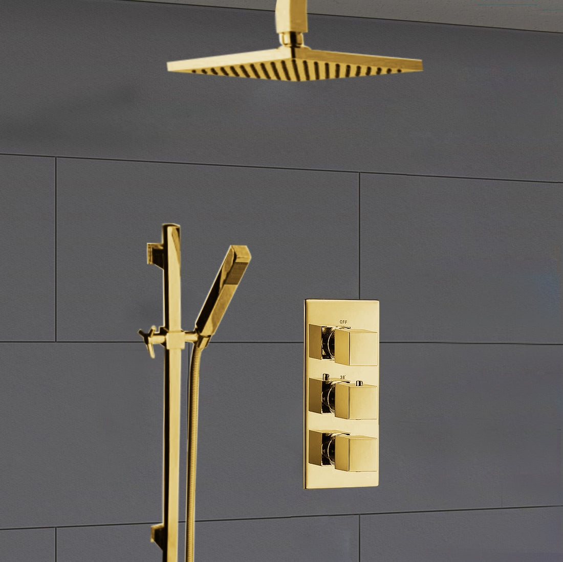Juno Gold Plated Ceiling Mount Square Shower Head Set with Hand Shower