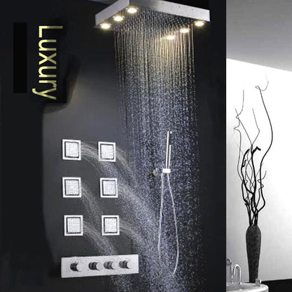 Juno Stainless Steel wall mounted head, LED Rain Shower Set with Body Jets