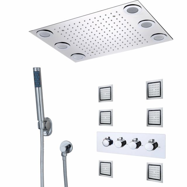 Juno Stainless Steel wall mounted head, LED Rain Shower Set with Body Jets