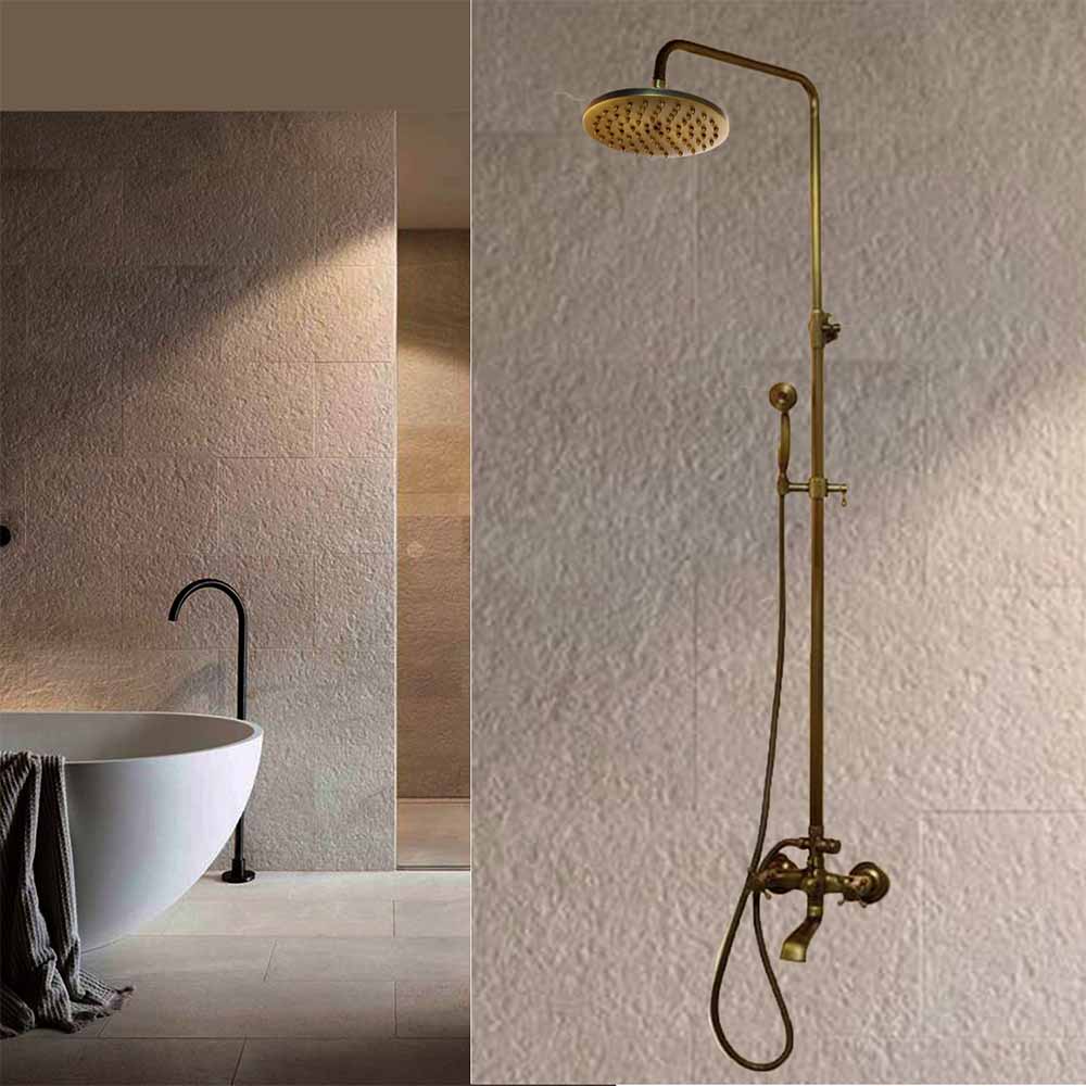 Stylish Wall Antique Brass Shower Head With Handheld Shower and Tub Spout 