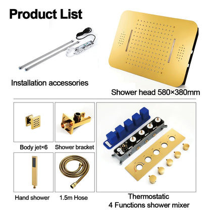 Juno Super Luxury 5 Function Gold Shower System 5 & 3 Knobs With 6 Body Massage Shower Jets Handheld Shower