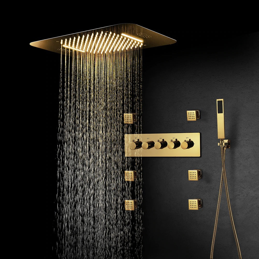 Juno Super Luxury 5 Function Gold Shower System 5 & 3 Knobs With 6 Body Massage Shower Jets Handheld Shower