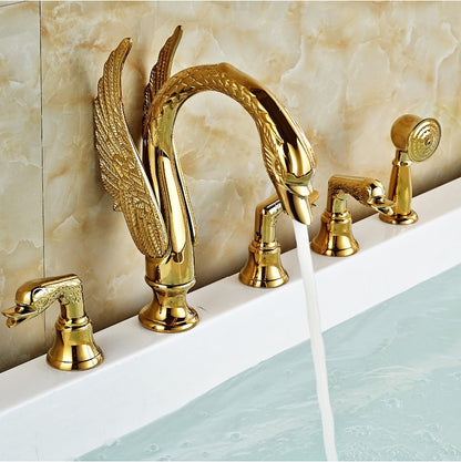 Gold Finish Swan Bathtub Faucet with Hand Held Shower