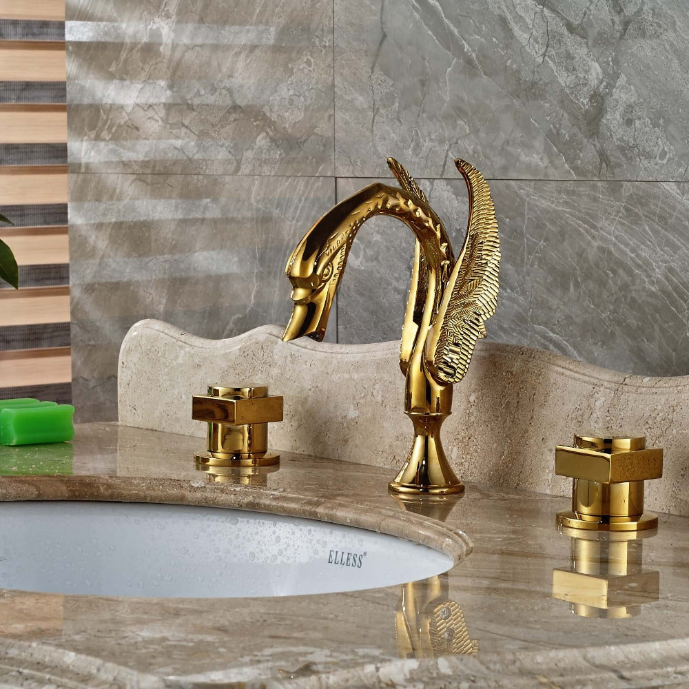 Juno Swan Gold Finish Dual Handle Wall Mount Brass Bathroom Sink Faucet