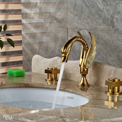 Juno Swan Gold Finish Dual Handle Wall Mount Brass Bathroom Sink Faucet