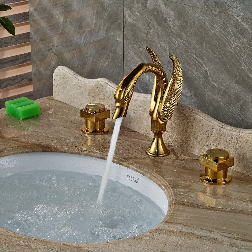Juno Swan Gold Finish Dual Handle Wall Mount Brass Bathroom Sink Faucet